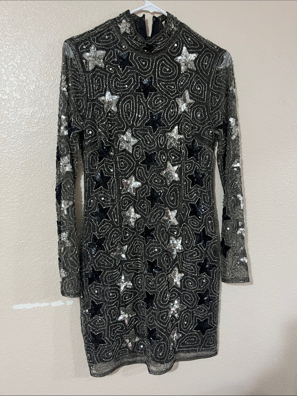 Topshop Black & Silver Sequin Star Long-Sleeve Mini Dress
